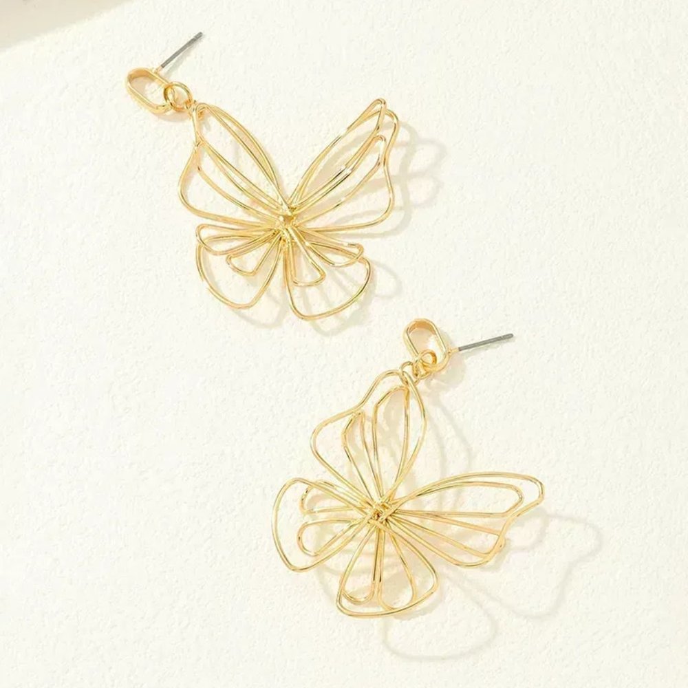 Gold Sculpted Wire Butterfly Boho Dangle Earrings NEW - Picture 3 of 6
